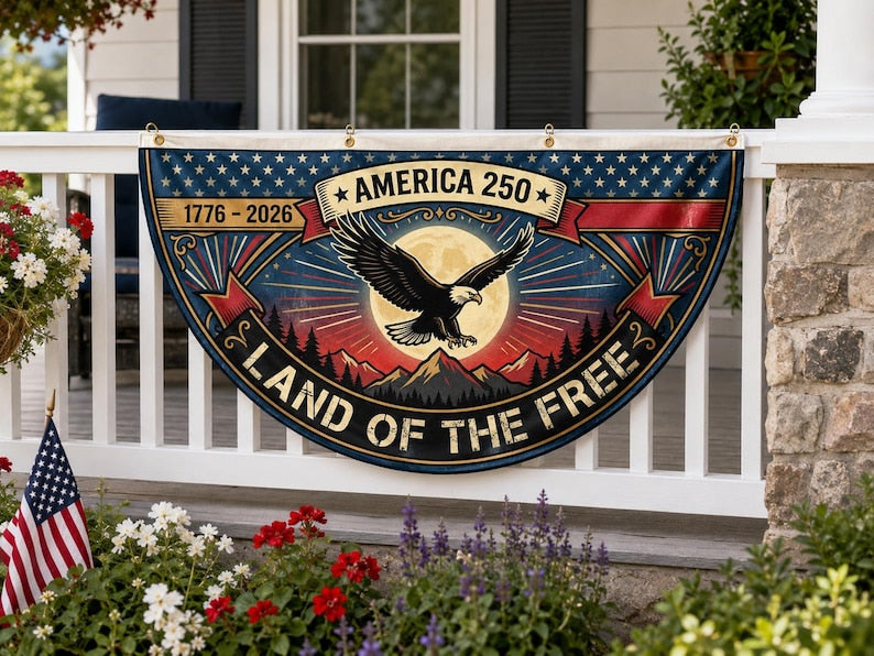 America 250 Land of the Free Fence Flag | 1776 2026 Eagle Sunset Patriotic Porch Decor