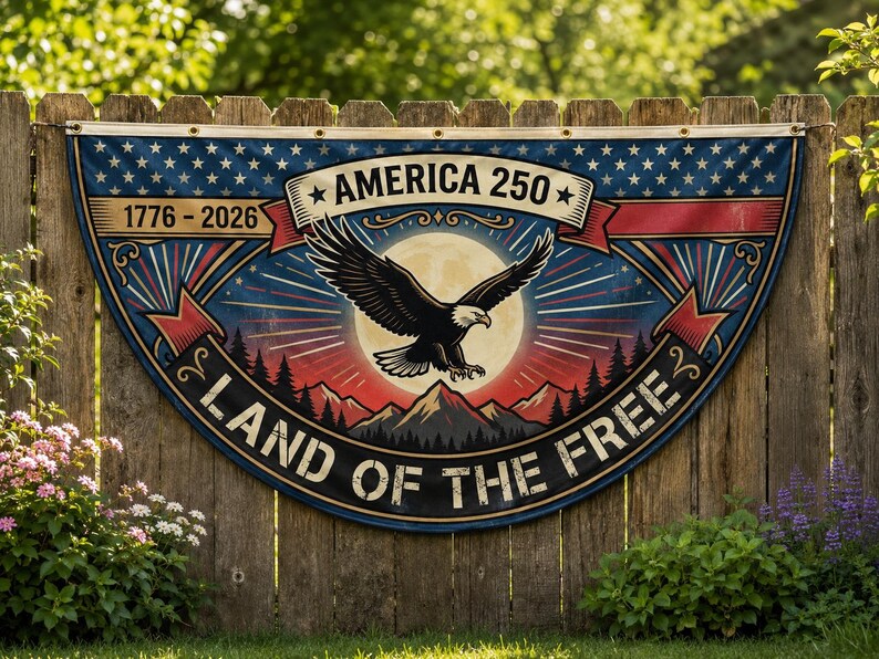 America 250 Land of the Free Fence Flag | 1776 2026 Eagle Sunset Patriotic Porch Decor