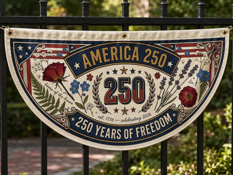 America 250 Floral Fence Flag Botanical Patriotic Porch Decor