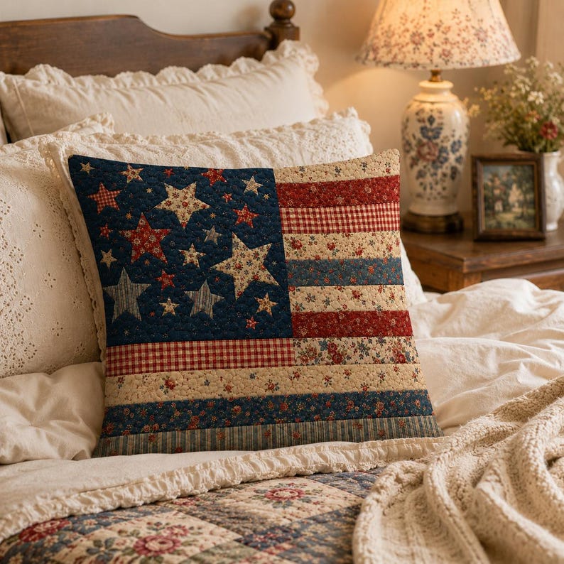 PRINT Patchwork American Flag Pillow, Vintage Patriotic America 250 Years Cushion