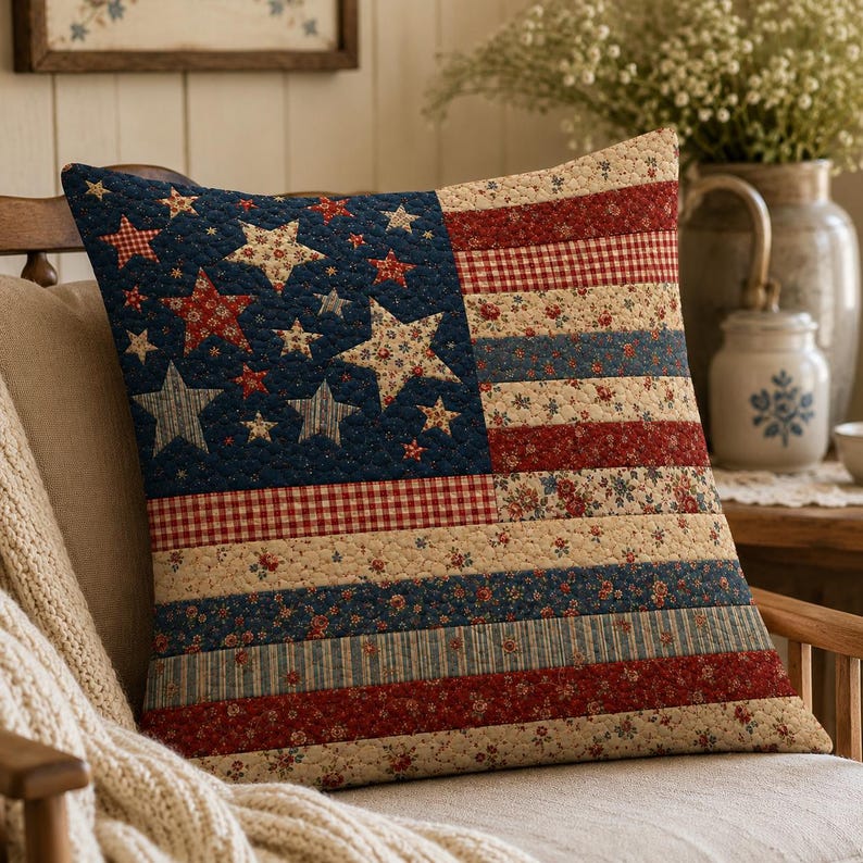 PRINT Patchwork American Flag Pillow, Vintage Patriotic America 250 Years Cushion