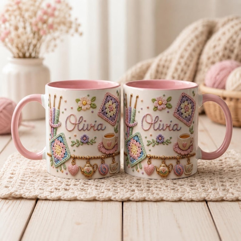 Personalized Crochet Lover Mug, Granny Square Pattern Coffee Mug, Pastel Yarn Crafter Mug, Cute Knitting Charms Mug