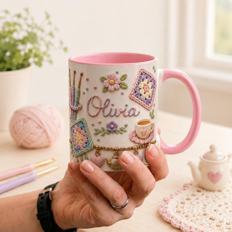 Personalized Crochet Lover Mug, Granny Square Pattern Coffee Mug, Pastel Yarn Crafter Mug, Cute Knitting Charms Mug