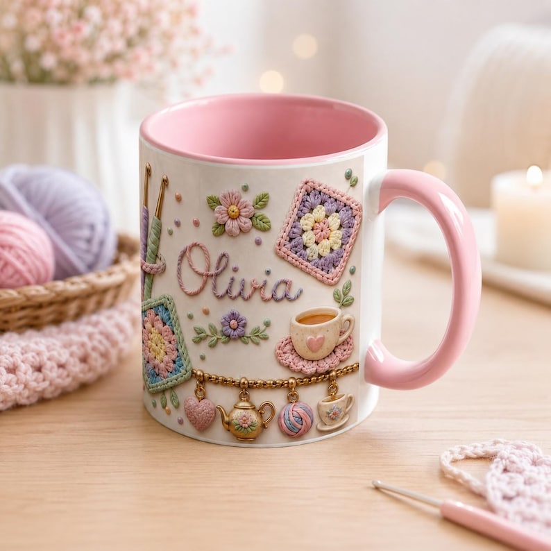 Personalized Crochet Lover Mug, Granny Square Pattern Coffee Mug, Pastel Yarn Crafter Mug, Cute Knitting Charms Mug