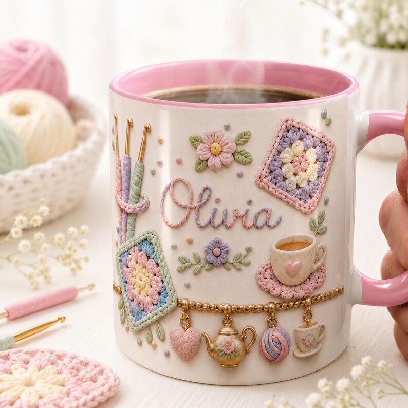 Personalized Crochet Lover Mug, Granny Square Pattern Coffee Mug, Pastel Yarn Crafter Mug, Cute Knitting Charms Mug