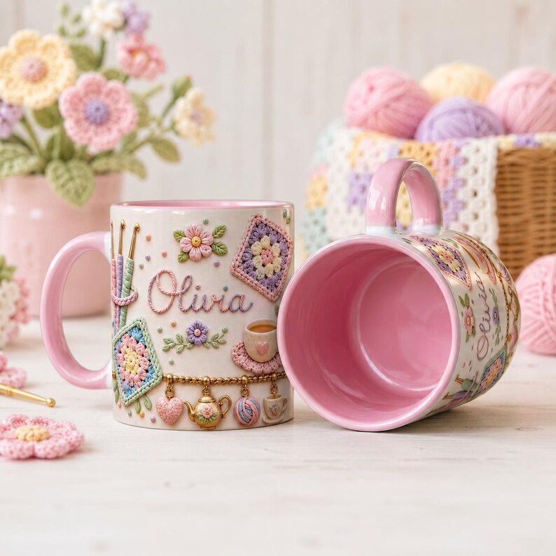 Personalized Crochet Lover Mug, Granny Square Pattern Coffee Mug, Pastel Yarn Crafter Mug, Cute Knitting Charms Mug