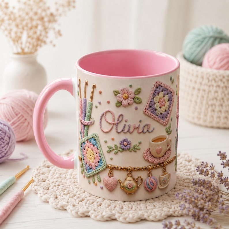Personalized Crochet Lover Mug, Granny Square Pattern Coffee Mug, Pastel Yarn Crafter Mug, Cute Knitting Charms Mug