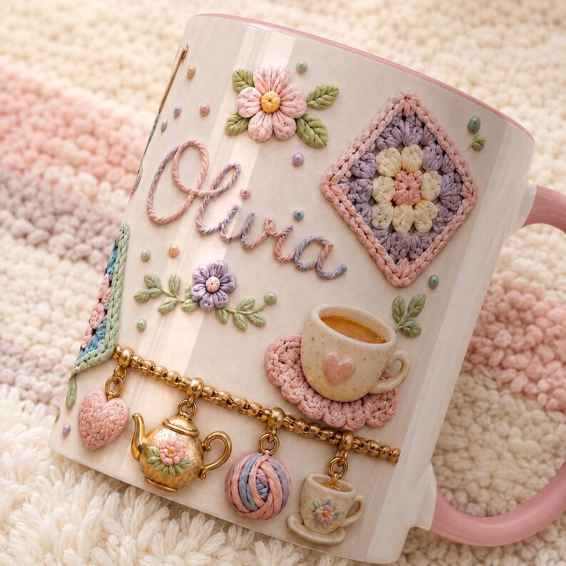 Personalized Crochet Lover Mug, Granny Square Pattern Coffee Mug, Pastel Yarn Crafter Mug, Cute Knitting Charms Mug