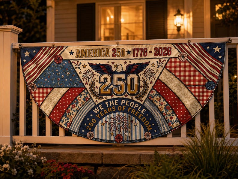 America 250 Faux Patchwork Quilt Fence Flag | We The People 1776 2026 Patriotic Porch Decor