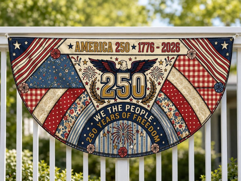 America 250 Faux Patchwork Quilt Fence Flag | We The People 1776 2026 Patriotic Porch Decor