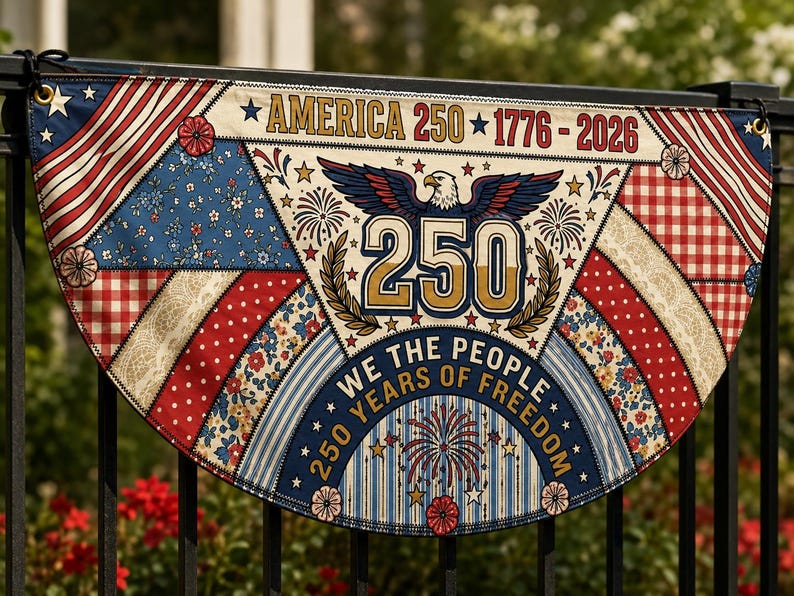 America 250 Faux Patchwork Quilt Fence Flag | We The People 1776 2026 Patriotic Porch Decor