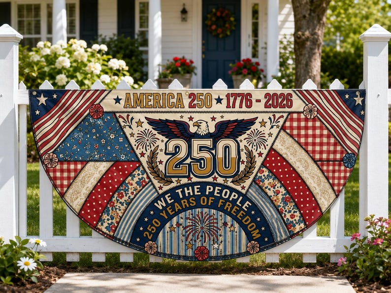 America 250 Faux Patchwork Quilt Fence Flag | We The People 1776 2026 Patriotic Porch Decor