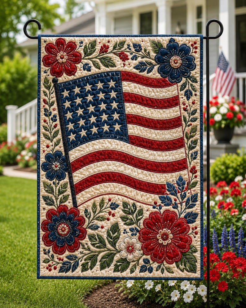 Floral USA 250th Anniversary Garden Flag, Faux Patchwork 250th USA 4th Of July Yard Banner