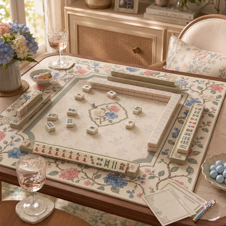 The Hydrangea Vine Mahjong Mat, Chinoiserie Floral Game Mat, Custom Monogram Mahjong Mat
