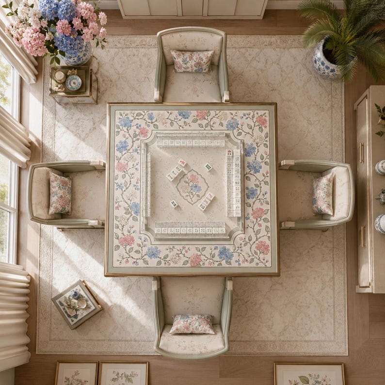 The Hydrangea Vine Mahjong Mat, Chinoiserie Floral Game Mat, Custom Monogram Mahjong Mat