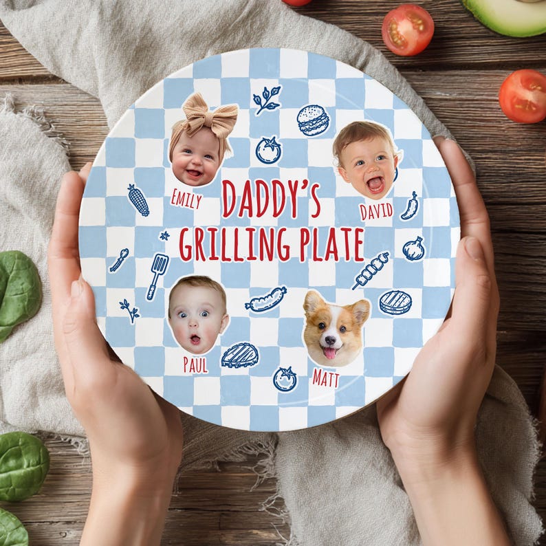 Personalized Pet & Kids Photo Dads Grilling Plate, Baby Face Photo Platter, BBQ Dad Gift