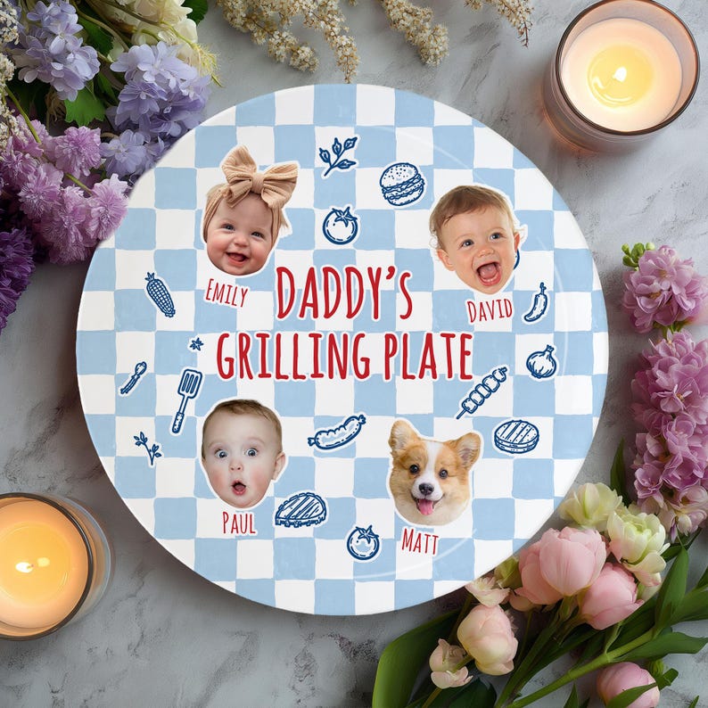 Personalized Pet & Kids Photo Dads Grilling Plate, Baby Face Photo Platter, BBQ Dad Gift