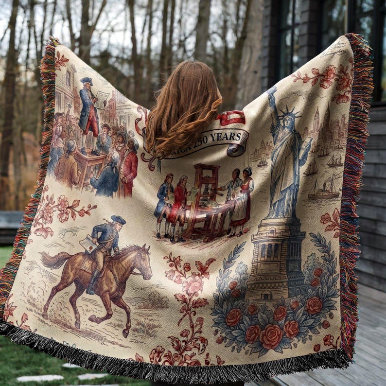 America 250th Anniversary Woven Blanket: Patriotic Colonial USA Throw Blanket
