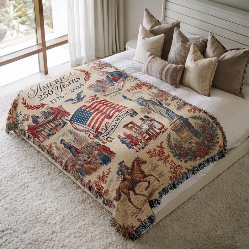 America 250th Anniversary Woven Blanket: Patriotic Colonial USA Throw Blanket