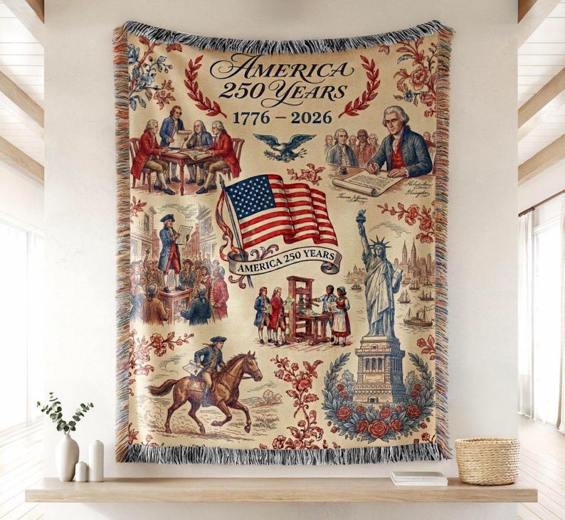 America 250th Anniversary Woven Blanket: Patriotic Colonial USA Throw Blanket