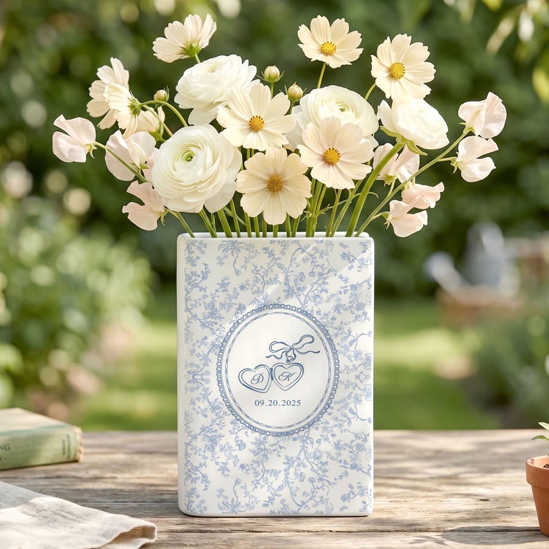 Toile Couple Ceramic Book Vase, Custom Wedding Gift, Bridal Shower Gift, Anniversary Gift