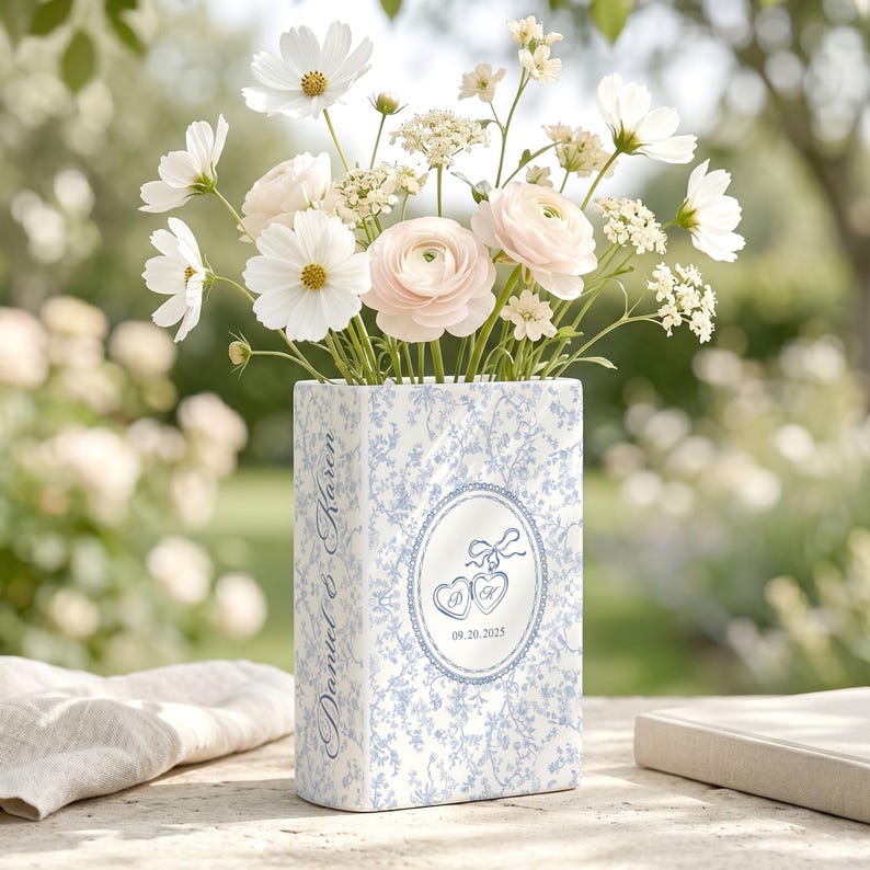 Toile Couple Ceramic Book Vase, Custom Wedding Gift, Bridal Shower Gift, Anniversary Gift