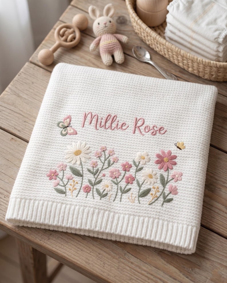 Personalized Floral Embroidered Baby Blanket, Custom Name Knitted Throw, Welcome Baby Blanket, Nursery Keepsake