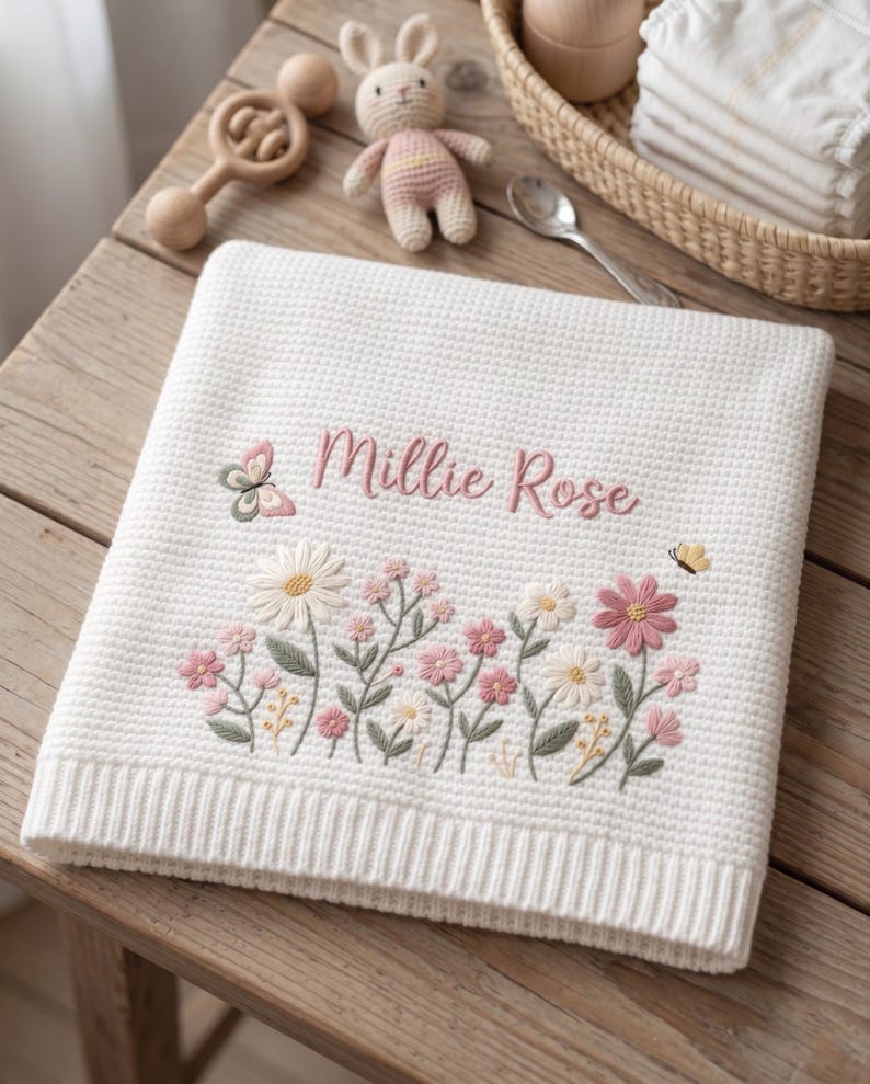 Personalized Floral Embroidered Baby Blanket, Custom Name Throw, Welcome Baby Blanket, Nursery Keepsake