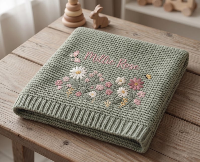 Personalized Floral Embroidered Baby Blanket, Custom Name Knitted Throw, Welcome Baby Blanket, Nursery Keepsake