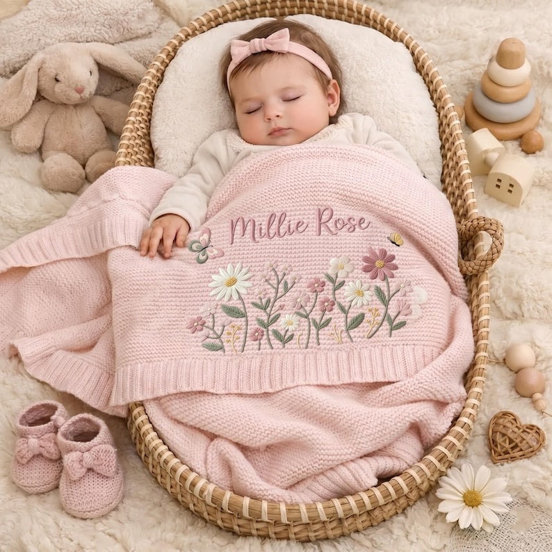 Personalized Floral Embroidered Baby Blanket, Custom Name Knitted Throw, Welcome Baby Blanket, Nursery Keepsake