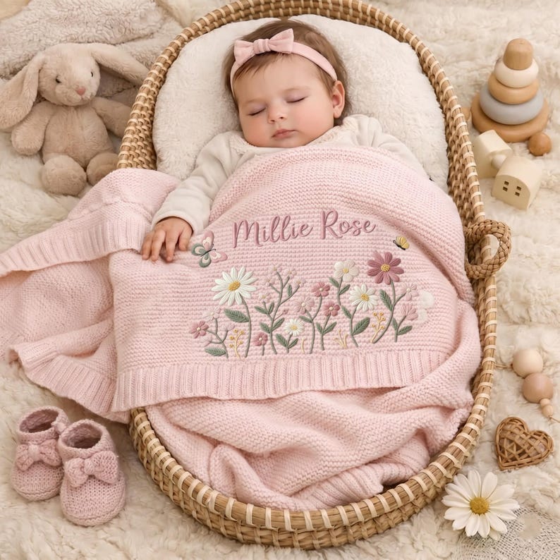 Personalized Floral Embroidered Baby Blanket, Custom Name Throw, Welcome Baby Blanket, Nursery Keepsake