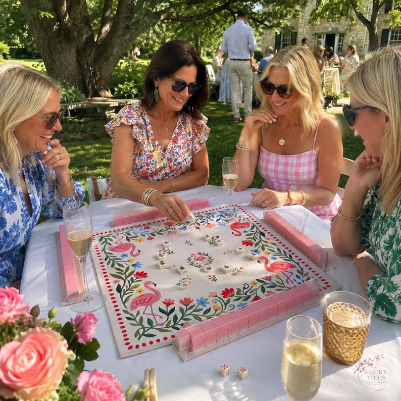 Flamingo Garden Mahjong Mat, Folk Art Floral Game Mat, Custom Monogram Mahjong Mat