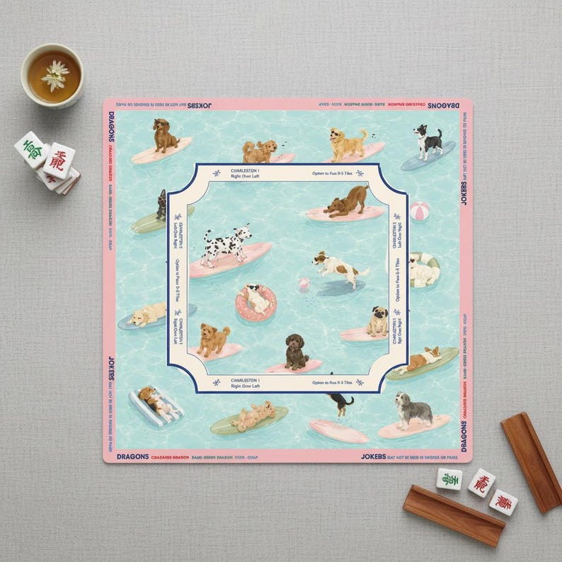 Mahjong Mat Fun Dog Surfing Design, Unique Mahjong Playing Surface, Game Night Accessories