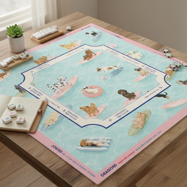 Mahjong Mat Fun Dog Surfing Design, Unique Mahjong Playing Surface, Game Night Accessories