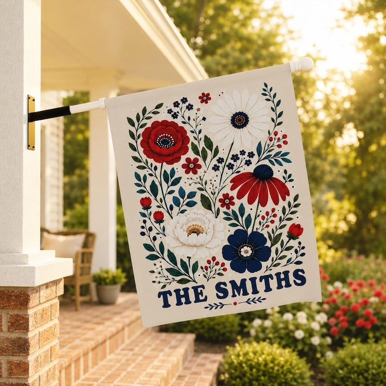Personalized Floral Garden Flag, Custom Family Name Yard Flag, Patriotic Wildflower
