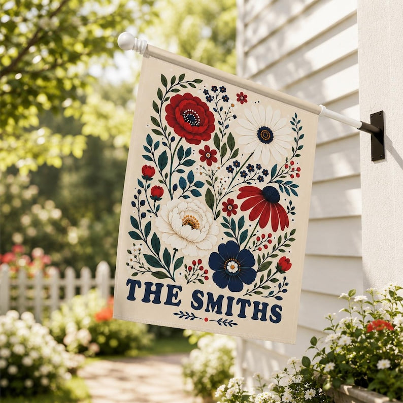 Personalized Floral Garden Flag, Custom Family Name Yard Flag, Patriotic Wildflower