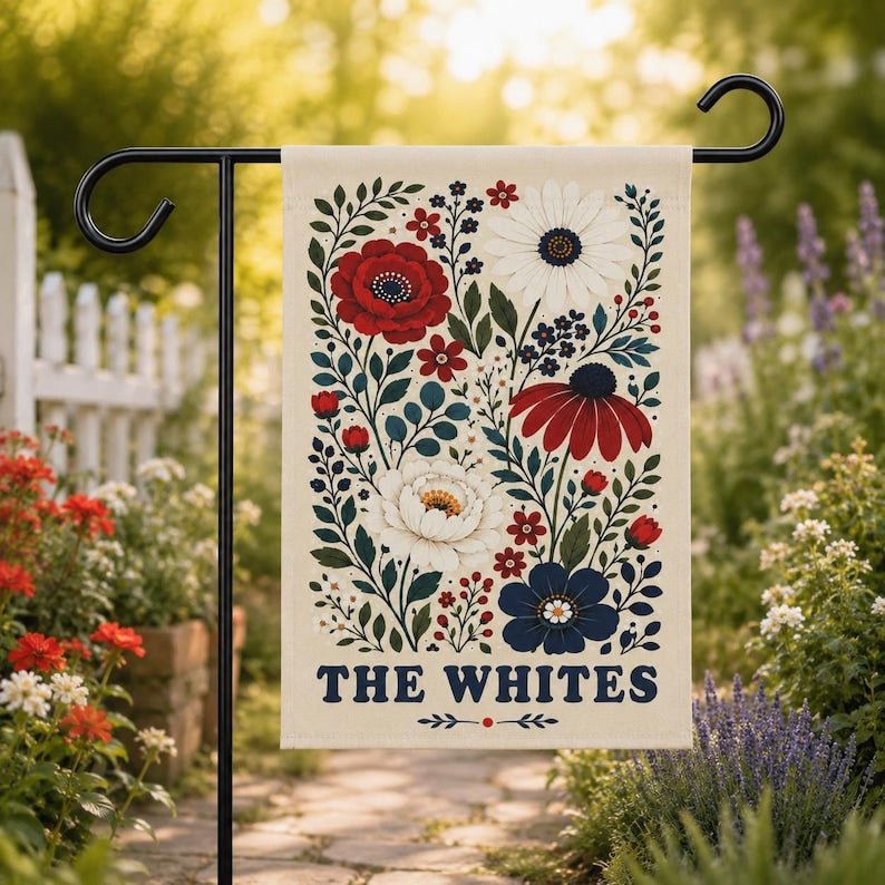 Personalized Floral Garden Flag, Custom Family Name Yard Flag, Patriotic Wildflower