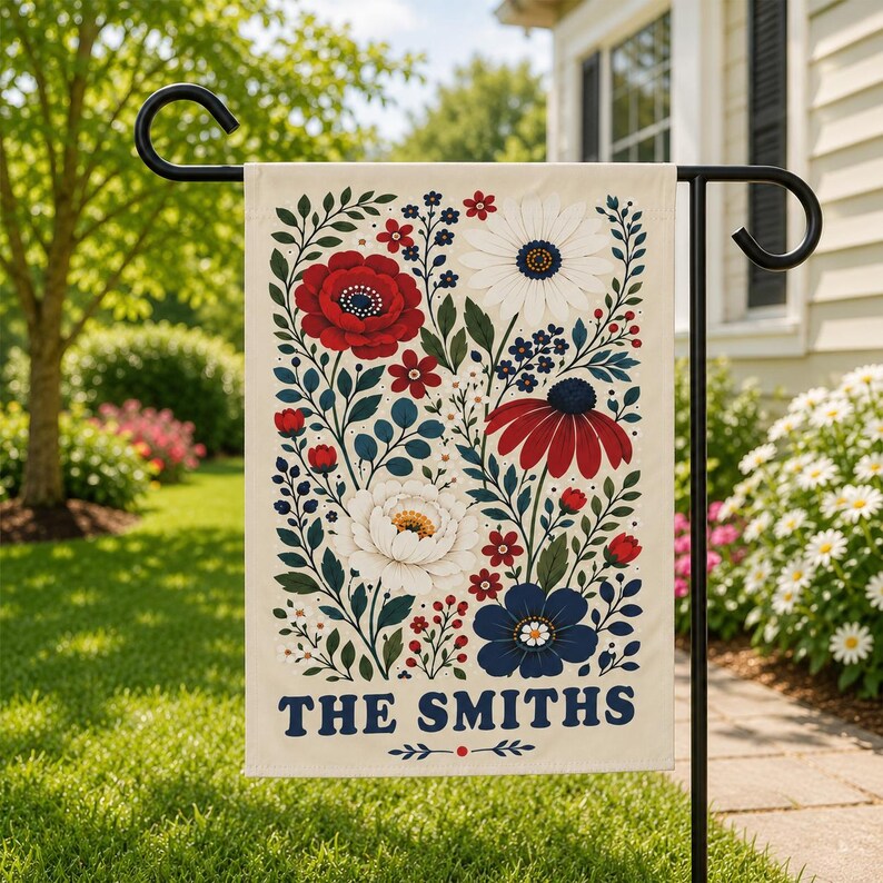 Personalized Floral Garden Flag, Custom Family Name Yard Flag, Patriotic Wildflower