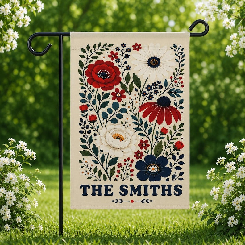 Personalized Floral Garden Flag, Custom Family Name Yard Flag, Patriotic Wildflower