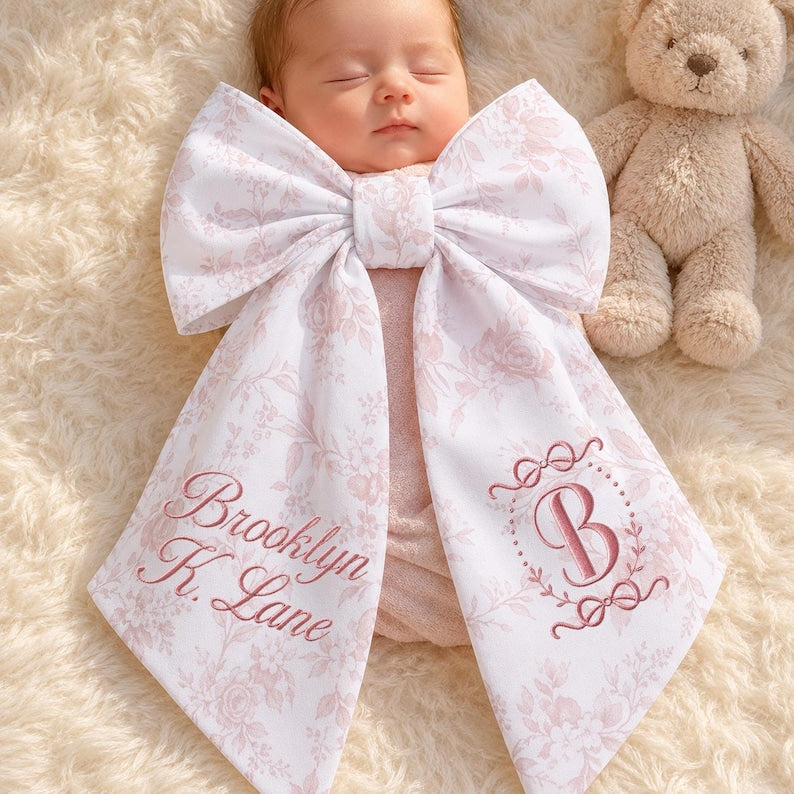 Personalized Embroidered Baby Bow Sash, Monogrammed Swaddle Tie, Newborn Photo Prop
