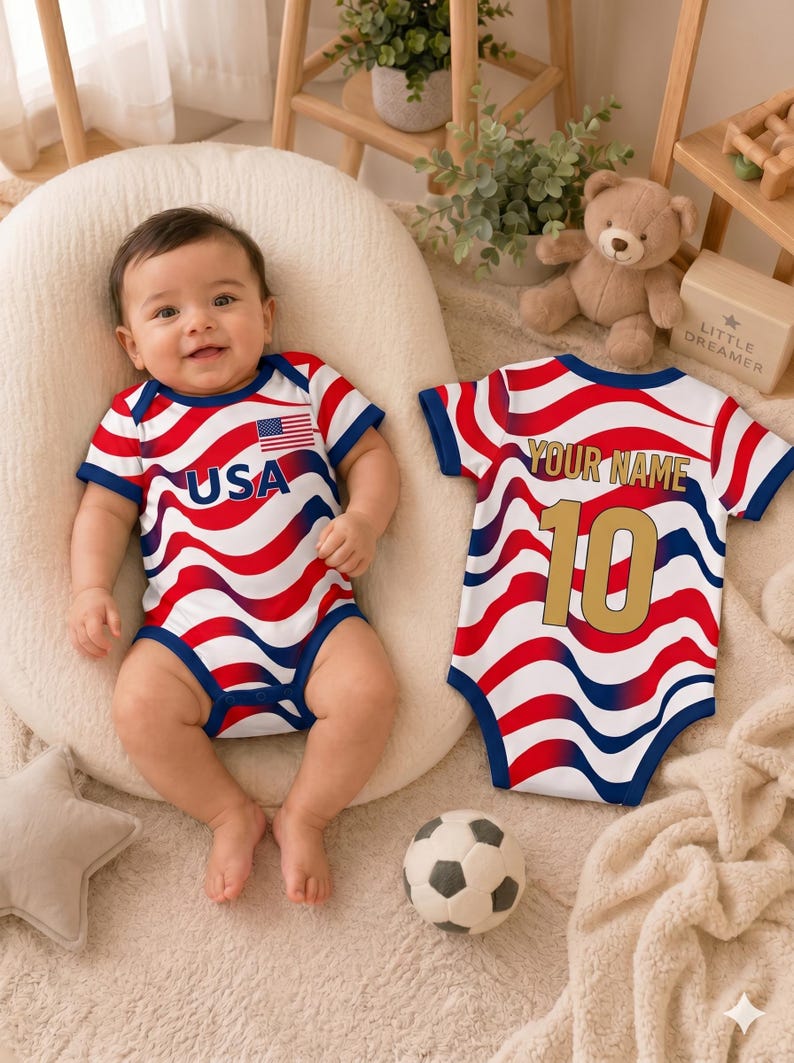 Custom USA Baby Jersey, Personalized PatrioticRed White Blue Soccer Infant Bodysuit