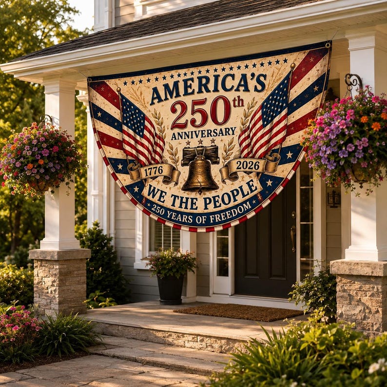 USA 250th Anniversary Patriotic Bunting Banner, 1776–2026 Semicircle Fence Flag
