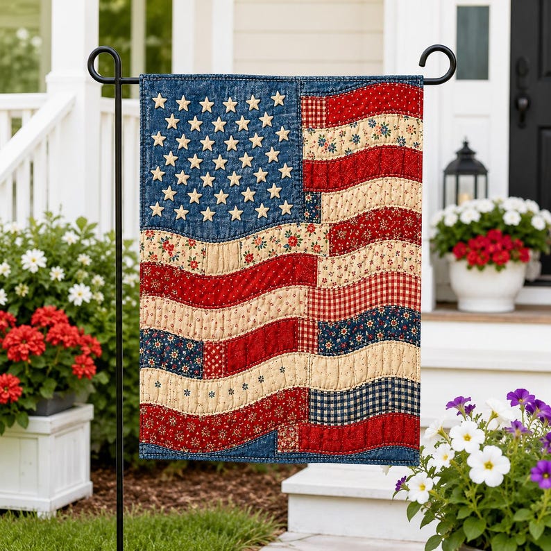 Patchwork American Flag Garden Flag, Faux Patchwork Patriotic Floral USA Flag