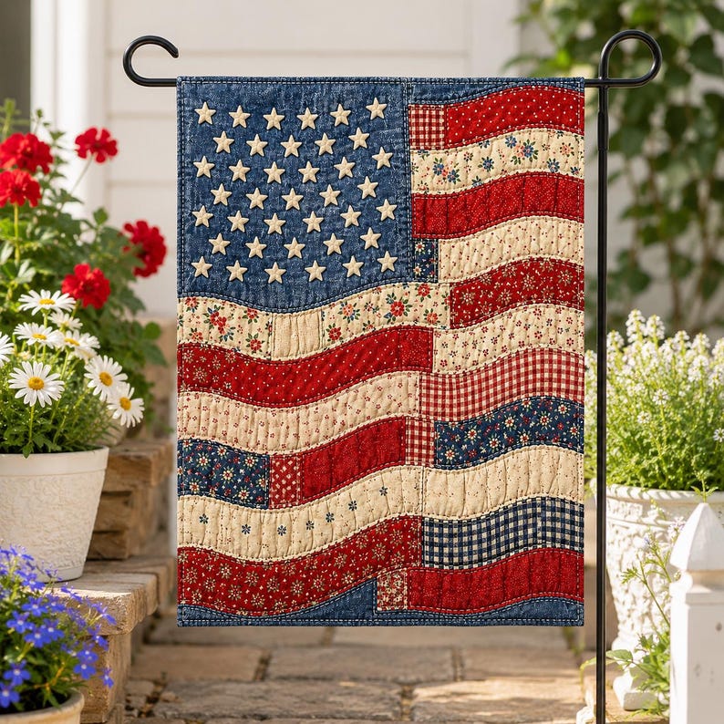 Patchwork American Flag Garden Flag, Faux Patchwork Patriotic Floral USA Flag