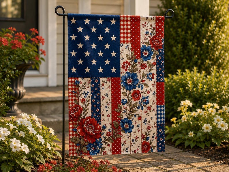Patriotic Garden Flag, Floral American Flag, Vintage Farmhouse Porch Banner