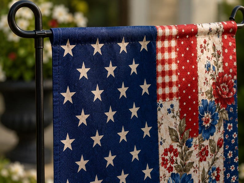 Patriotic Garden Flag, Floral American Flag, Vintage Farmhouse Porch Banner