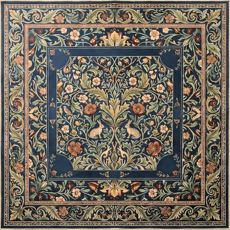 Vintage Botanical Rabbit Mahjong Mat, William Morris Style Floral Playmat, Extra Thick Nonslip Table Cover