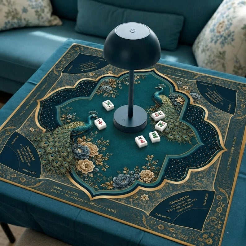 Elegant Peacock Mahjong Mat with Charleston Rules, Blue & Gold Floral Design, America Mahjong Decor, Non-Slip Table Cover