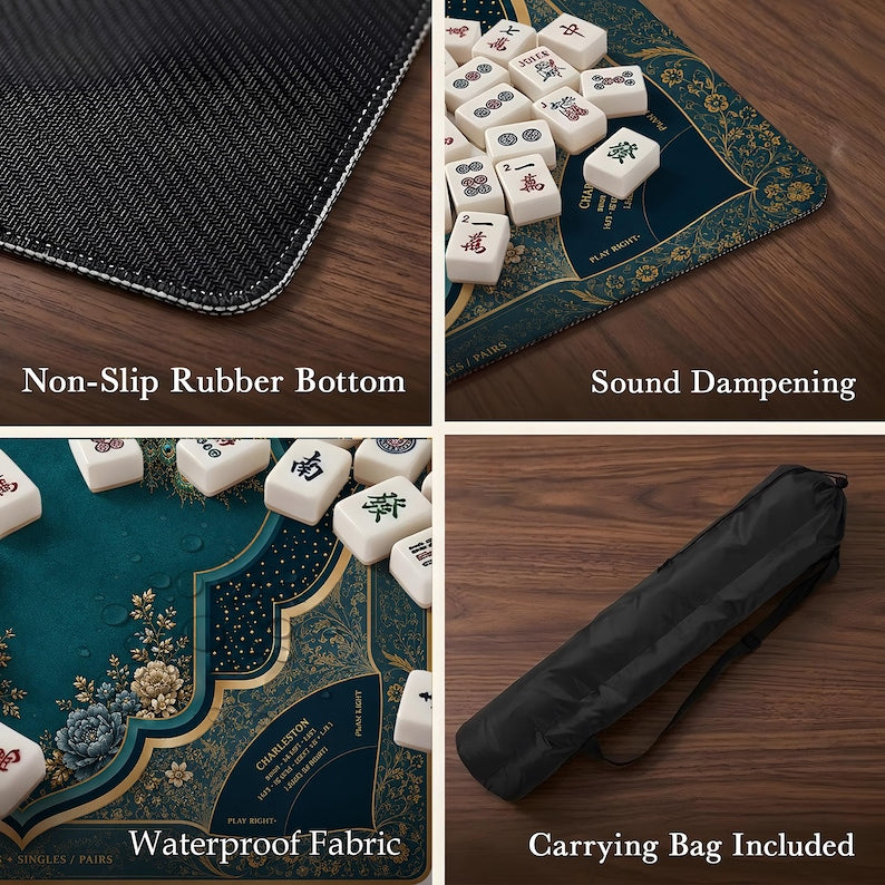 Elegant Peacock Mahjong Mat with Charleston Rules, Blue & Gold Floral Design, America Mahjong Decor, Non-Slip Table Cover