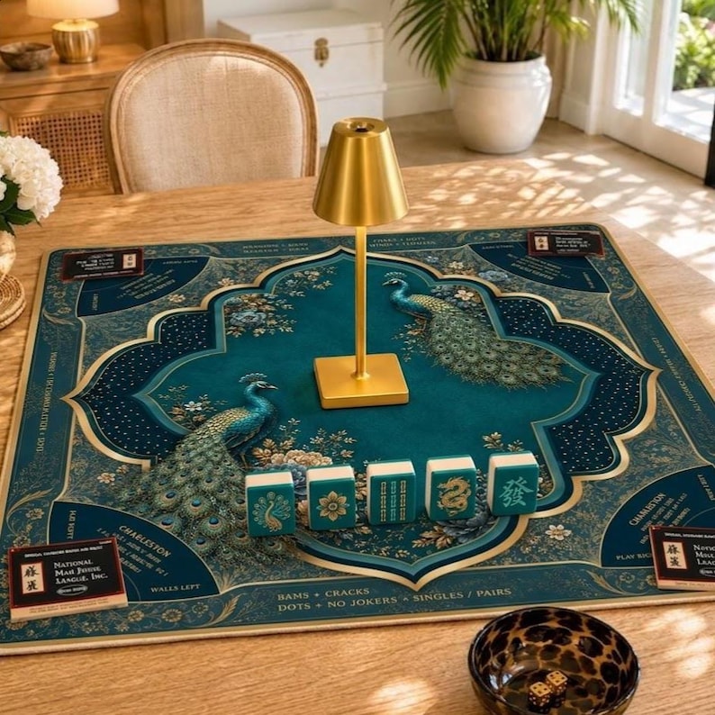 Elegant Peacock Mahjong Mat with Charleston Rules, Blue & Gold Floral Design, America Mahjong Decor, Non-Slip Table Cover